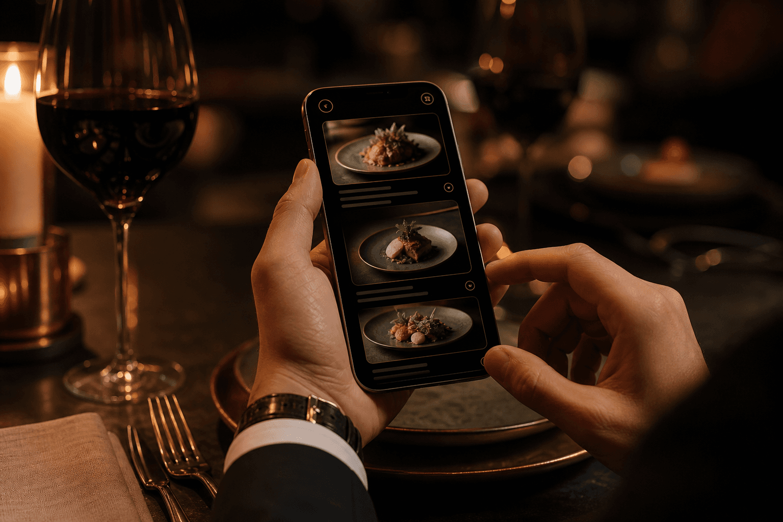 Escena cálida de restaurante con teléfono mostrando una carta
