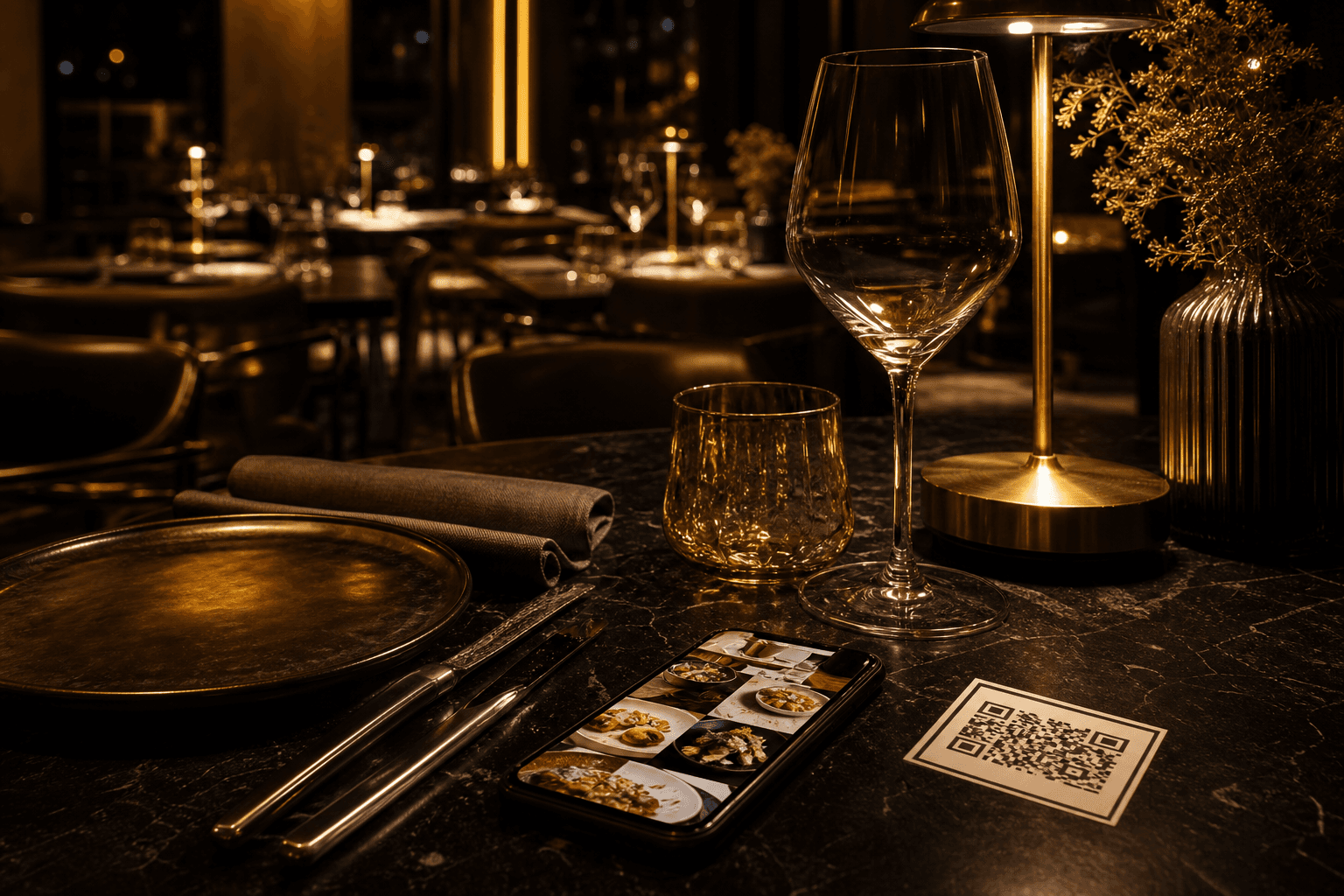 Mesa premium de restaurante con carta digital en un teléfono